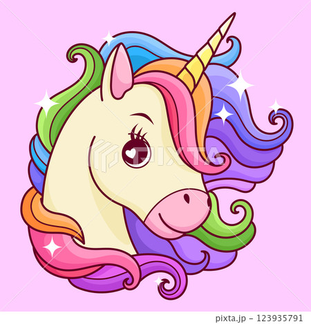 Multicolored unicorn on a pink background. For postcards, posters, children's publications and more. Multicolored unicorn on a pink background. For postcards, posters, children's publications and more. 123935791