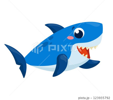 Cartoon cute shark smiles and waves. Illustration on a white background. 123935792
