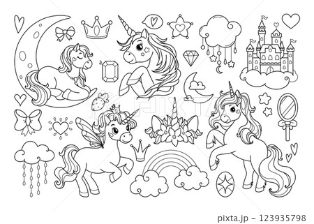 Set with unicorns, hearts, clouds, rainbows and other elements. For T-shirts, textiles, cards, posters, coloring books. 123935798