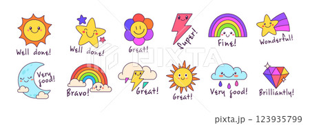 Fun elements with emoticons and support. For cards, stickers, posters, children's publications and more. 123935799