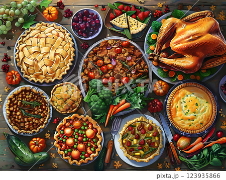 wide variety of fresh autumn vegetables and festive dishes on a vibrant table setup 123935866
