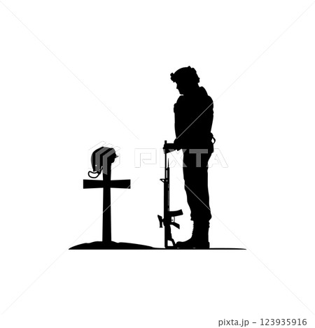 Silhouette of a soldier in front of a grave. Silhouette of a soldier in front of a grave. 123935916