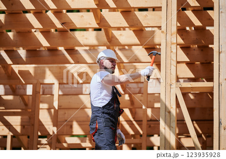 Carpenter constructing wooden frame, two-story house near forest. Bearded man hammering nails with hammer while wearing protective helmet and work coveralls. Concept of modern ecological construction. Carpenter constructing wooden frame, two-story house near forest. Bearded man hammering nails with hammer while wearing protective helmet and work coveralls. Concept of modern ecological construction. 123935928