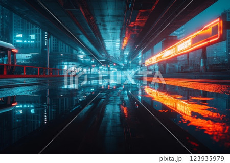 Urban bridge with reflections and neon lights at night. 123935979