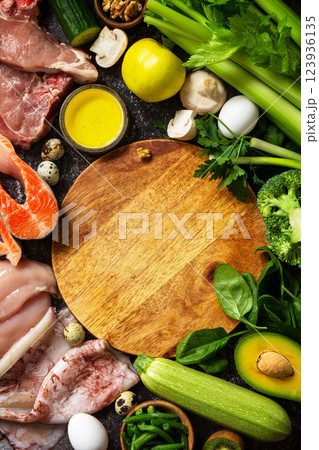Ketogenic diet concept, ingredients for healthy food. Various balanced useful components healthy low carbohydrate foods. Copy space. Top view flat lay. 123936135