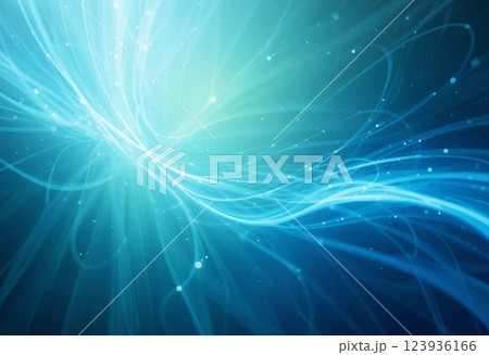 Abstract light streaks flow dynamically with light blue and green wave line on background. 123936166