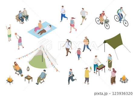 アウトドアを楽しむ人々のイラスト、アイソメトリック、アイソメ アウトドアを楽しむ人々のイラスト、アイソメトリック、アイソメ 123936320