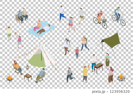 アウトドアを楽しむ人々のイラスト、アイソメトリック、アイソメ アウトドアを楽しむ人々のイラスト、アイソメトリック、アイソメ 123936320