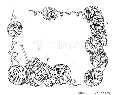 Skeins of knitting thread, balls of yarn with needles and pins rectangular frame. Vector line art hand drawing illustration. Hobby knitting template for handmade product label isolated from background 123936329