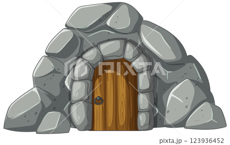 Stone Cave Entrance with Wooden Door 123936452