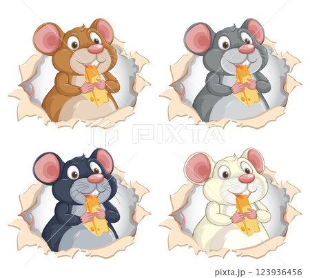 Cheerful Mice Enjoying Cheese Together Cheerful Mice Enjoying Cheese Together 123936456