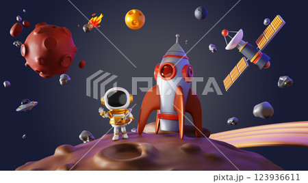 3d astronaut and rocket on Moon surface. Cartoon render spaceman in spacesuit waving in outer space, standing on alien planet landscape with craters, asteroids, satellite in night sky. 3D illustration 3d astronaut and rocket on Moon surface. Cartoon render spaceman in spacesuit waving in outer space, standing on alien planet landscape with craters, asteroids, satellite in night sky. 3D illustration 123936611