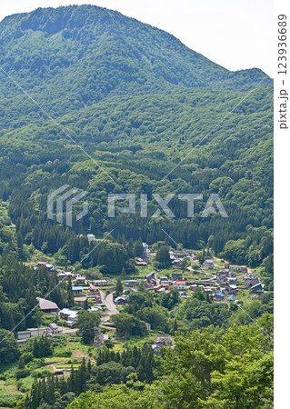 秋山郷小赤沢 新緑に包まれた里山と苗場山 秋山郷小赤沢 新緑に包まれた里山と苗場山 123936689