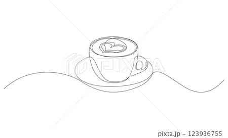 Cup of coffee with heart shape continuous one line drawing. Minimalist style single line vector illustration. Editable stroke. 123936755
