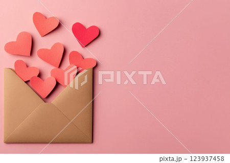 Envelope with paper hearts on pink background, Valentine's Day banner for love letter concept. 123937458