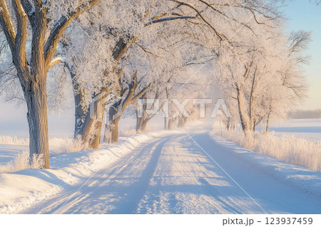 Dusk on snowy country road, frosty trees under soft sunset, casting long shadows in quiet winter view. 123937459