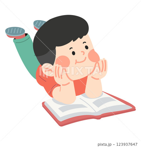 Cartoon kid lying down reading a book 123937647