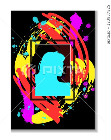 Women's history month. Abstract girl portrait. Color silhouette young female profile. Bright paintbrush spots. Creative brushstroke splatters and smears. Square frame. Flat shapes. Vector picture card 123937825