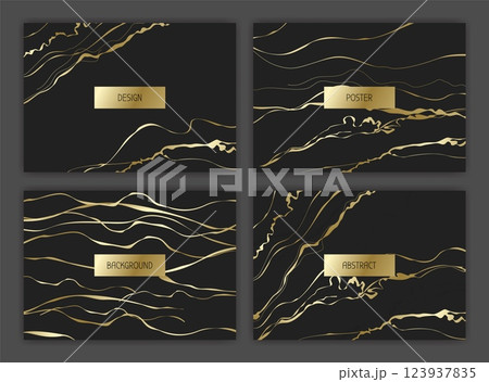 Design abstract poster. Background design. Black elegant card with copy space for text. Gold marble design on black backdrop. Banner template. Creative stone texture. Wall art. Vector illustration 123937835