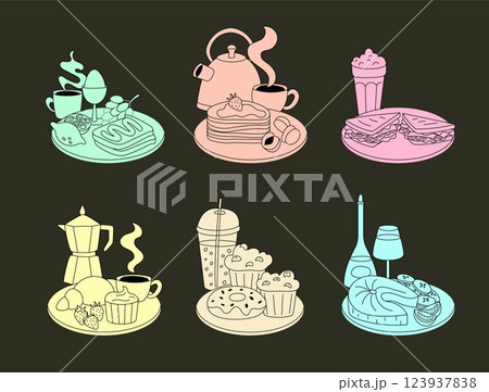 Abstract food kitchen. Line drawing meal. Sandwich, fruit and tea. Wine and croissant. meat and fish doodle drawing. Outline coffee and muffin. Emblem or label design. Vector isolated illustration 123937838