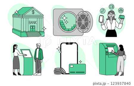 People with money. Bank building. ATM and financial mobile app. Gold in safe. Loan finance. Banking office service. Work with cashier. Man at reception. Online payment. Vector business concepts set People with money. Bank building. ATM and financial mobile app. Gold in safe. Loan finance. Banking office service. Work with cashier. Man at reception. Online payment. Vector business concepts set 123937840