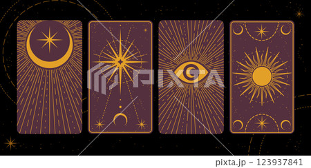 Tarot card cover. Frame with celestial elements, moon and golden stars. Mystic border. Zodiac symbols, golden ornament bohemian poster design. Esoteric cosmic astrology. Vector vintage illustration 123937841