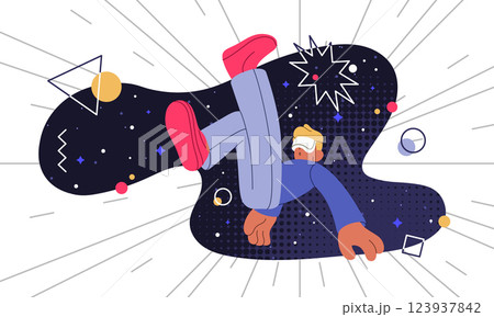 Future experience background. Space metaverse. Innovation cyber technology. Gaming glasses. Virtual reality gamers. VR simulator. Abstract 3d technology. Guy floating in zero gravity. Vector concept 123937842
