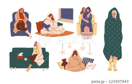 Cold winter. People in warm blanket. Home heat. Characters health. Sick shivering. Couple sits by heater. House room frost. Fireplace and sofa. Cozy relax. Hot drink and foot bath. Vector concepts set Cold winter. People in warm blanket. Home heat. Characters health. Sick shivering. Couple sits by heater. House room frost. Fireplace and sofa. Cozy relax. Hot drink and foot bath. Vector concepts set 123937843