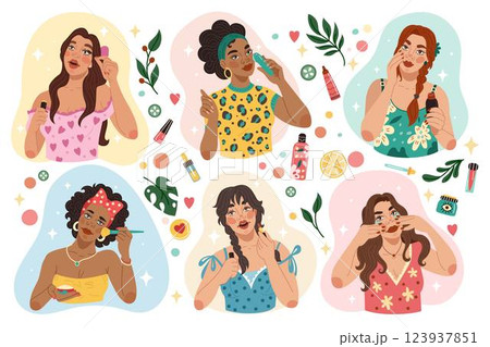 Makeup girl. Woman cosmetic face skin care. Women icon. Mascara, different colorful bottles, colorful lipstick, skincare products. Female fashion style. Cute cartoon symbol. Vector tidy beautiful Makeup girl. Woman cosmetic face skin care. Women icon. Mascara, different colorful bottles, colorful lipstick, skincare products. Female fashion style. Cute cartoon symbol. Vector tidy beautiful 123937851