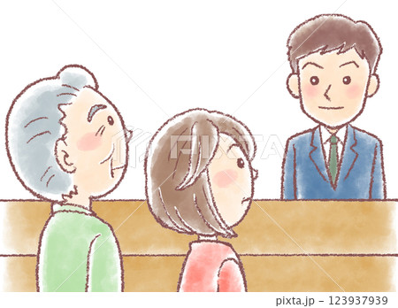 介護福祉課_介護相談_男性相談員と高齢男性と中高年の娘 介護福祉課_介護相談_男性相談員と高齢男性と中高年の娘 123937939