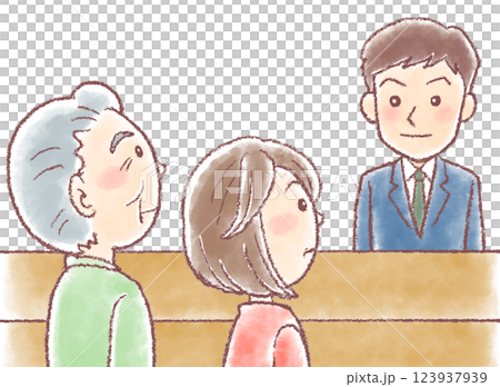 介護福祉課_介護相談_男性相談員と高齢男性と中高年の娘 介護福祉課_介護相談_男性相談員と高齢男性と中高年の娘 123937939