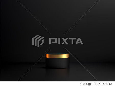 minimalist black gold cylindrical pedestal luxury product display on reflective surface minimalist black gold cylindrical pedestal luxury product display on reflective surface 123938048