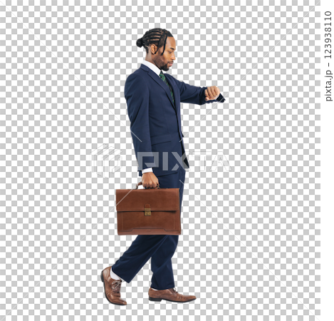 A black male business person walking while looking at his watch. A transparent full-body photo PNG precisely cut by hand 123938110