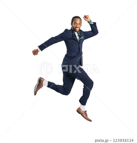 ジャンプする黒人男性ビジネスパーソン　手作業で精密に切り抜いた背景透過全身写真PNG 123938114