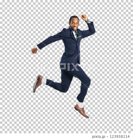 ジャンプする黒人男性ビジネスパーソン　手作業で精密に切り抜いた背景透過全身写真PNG 123938114