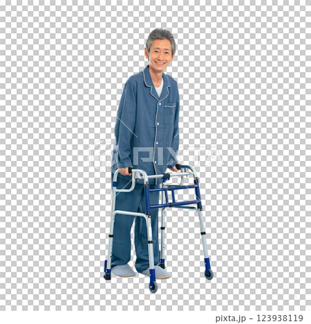 A man undergoing rehabilitation using a walker. A transparent full-body photo PNG precisely cut by hand A man undergoing rehabilitation using a walker. A transparent full-body photo PNG precisely cut by hand 123938119