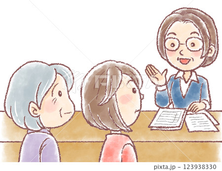 地域包括センターに相談_介護相談_女性相談員と高齢女性と中高年の娘 地域包括センターに相談_介護相談_女性相談員と高齢女性と中高年の娘 123938330