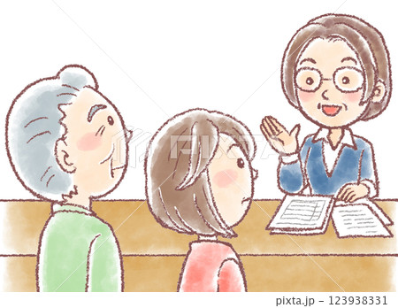 地域包括センターに相談_介護相談_女性相談員と高齢男性と中高年の娘 123938331