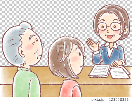 Consultation with the local comprehensive center_Nursing care consultation_Female counselor, elderly man and middle-aged daughter 123938331