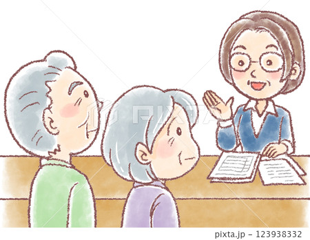 地域包括センターに相談_相談員と老夫婦 123938332