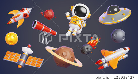 Space objects 3d render icon set. Astronaut, planets, rocket, alien ufo spaceship, telescope, satellite and meteor with fire in night sky background. Isolated cartoon cosmic elements. 3D illustration 123938427