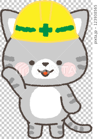 片手を挙げるヘルメットを被ったネコ 123938565