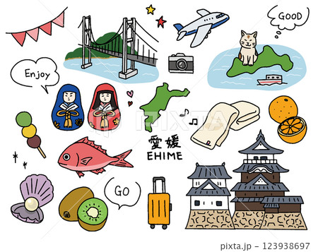 愛媛の手描きイラストセット 123938697