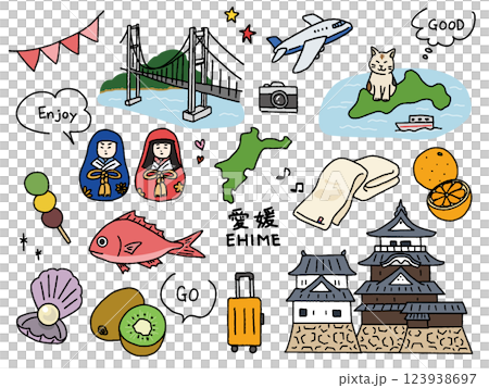 愛媛の手描きイラストセット 123938697