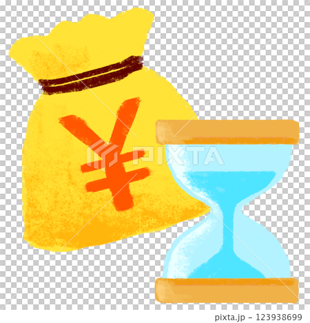 Hourglass and a bag of money, crayon touch, simple illustration 123938699