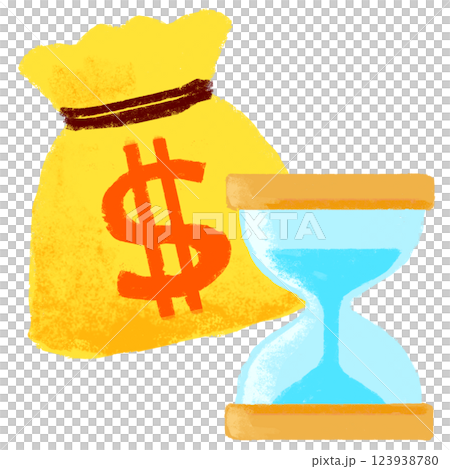 沙漏和一袋錢，蠟筆觸感，簡單的插圖 123938780
