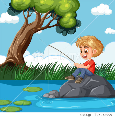 Child Fishing by a Forest Pond 123938999