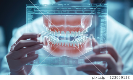 Dentist analyses a tooth X-ray holographic film. The concept of dental care, diagnostics, and precision in oral health treatment with modern technology. Generative AI. Dentist analyses a tooth X-ray holographic film. The concept of dental care, diagnostics, and precision in oral health treatment with modern technology. Generative AI. 123939138