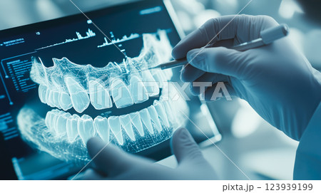Dentist analyses a tooth X-ray holographic film. The concept of dental care, diagnostics, and precision in oral health treatment with modern technology. Generative AI. 123939199