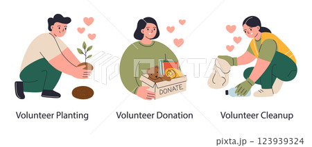 Set of vector illustrations with volunteers. Eco activist man planting tree, woman packing items in donate box, clean up trash in nature. Donation and social support. Friendly cartoon characters 123939324